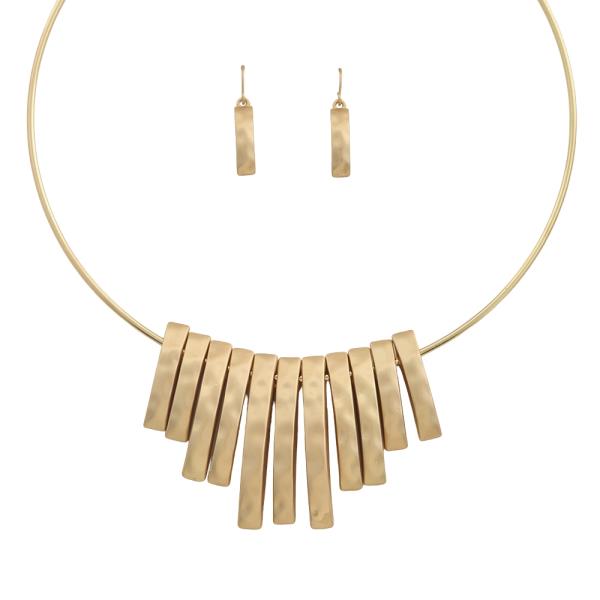 HAMMERED BAR FRINGE STATENTMENT COLLAR CHOKER NECKLACE EARRING SET