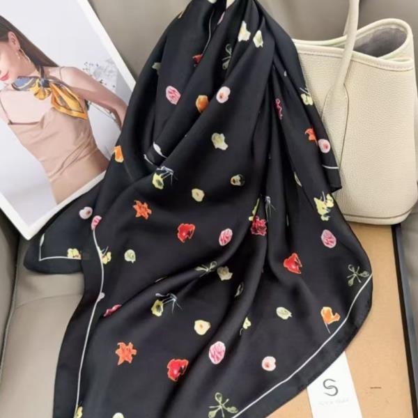 Women Floral Print Satin Square Scarf Bandana Tie