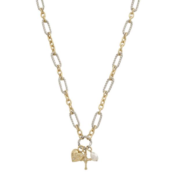 TWO TONE MULTI CHARM LINK CHAIN NECKLACE