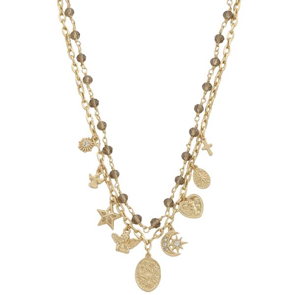 Multi Charm Layer Bead Chain Link Necklace