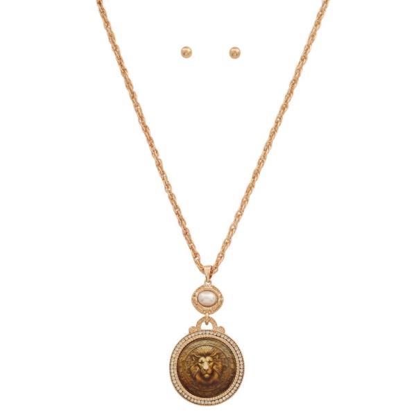 METAL CHAIN LION PENDANT NECKLACE EARRING SET