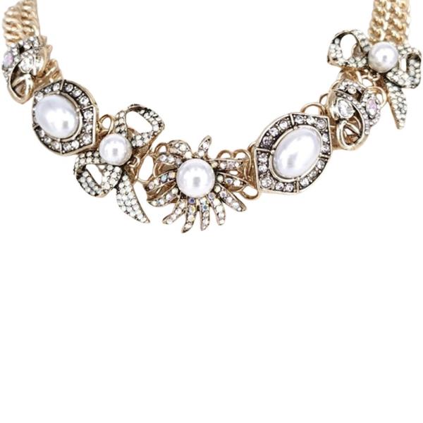 Rhinestone Ribbon Pearl Cluster Necklace