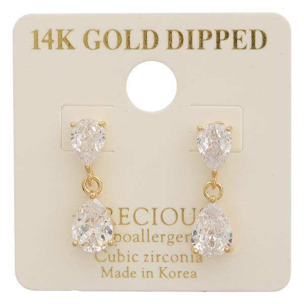14K Gold Dipped CZ Tear Shape Drop Earring