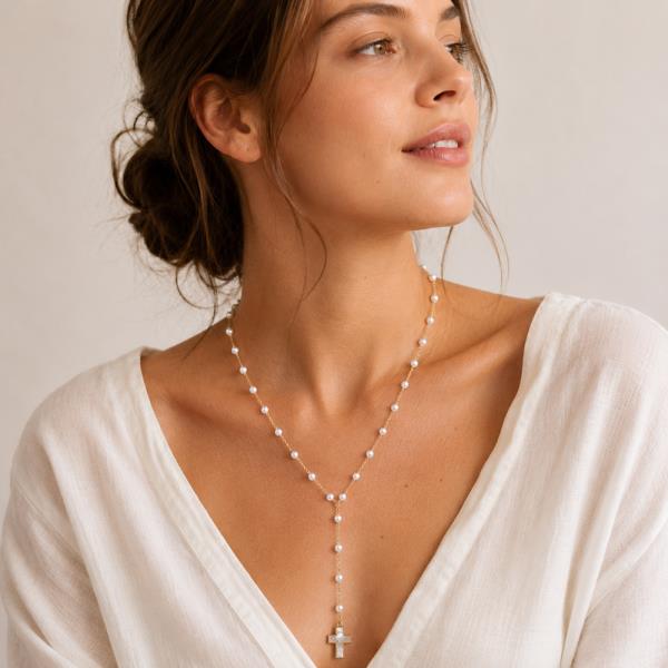 MOP Cross Y Pearl Necklace