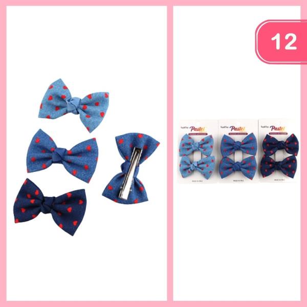 Heart Print Denim Style Hair Bow (12 Units)