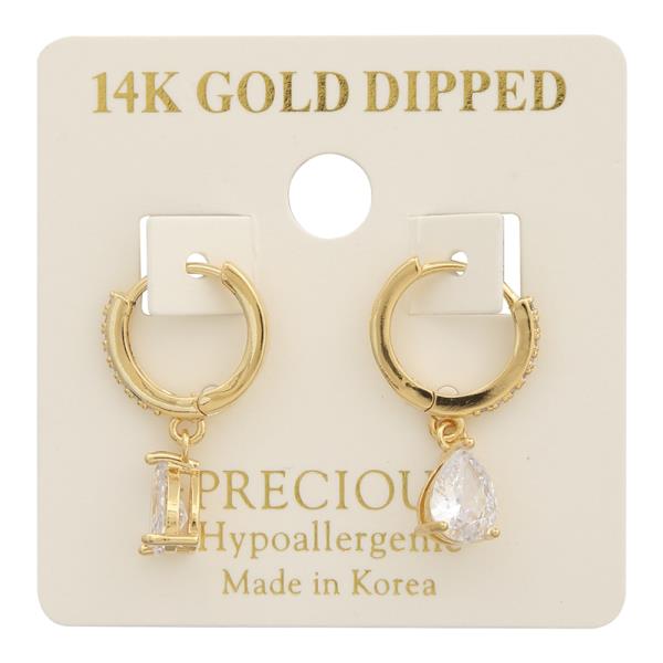 14K Gold Dipped Tear Crystal Dangle Hoop Earring