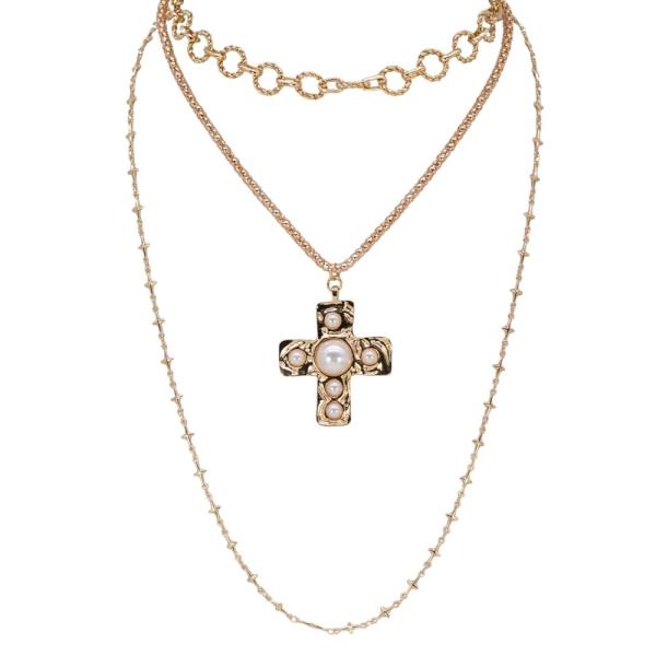PEARL CROSS PENDANT LAYERED NECKLACE