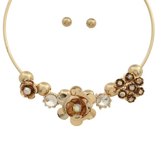 MIXED METAL FLORAL SPARKLING CRYSTAL STATEMENT CHOKER NECKLACE EARRING SET