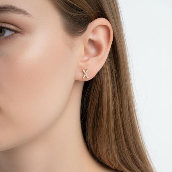 14K Gold White Gold Dipped CZ Letter X Studs