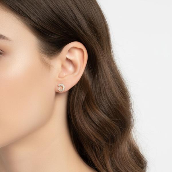 14K Gold White Dipped Baguette CZ Crescent Studs