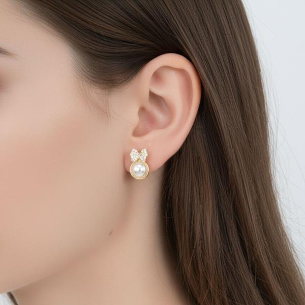 14K Gold White Gold Dipped CZ Bow Pearl Studs