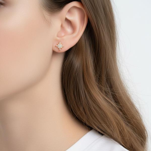14K Gold White Dipped CZ Starburst Stud Earring