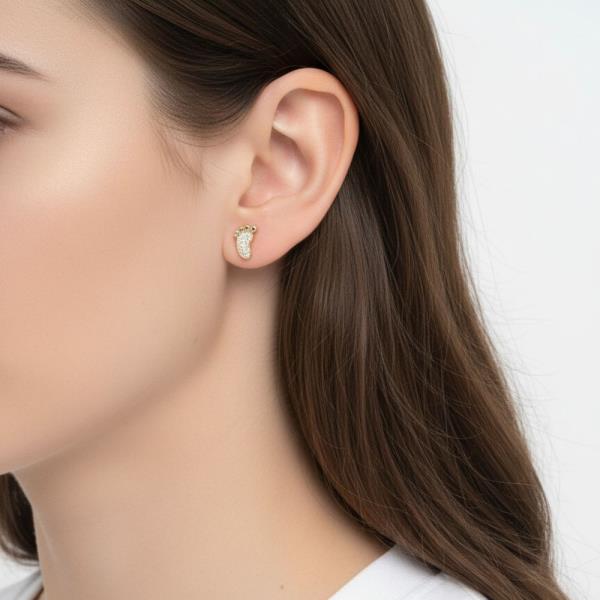 14K White Gold Dipped CZ Footprint Stud Earrings