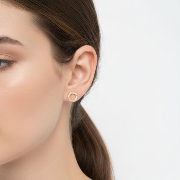 14K Gold White Dipped CA Halo Circle Stud Earring