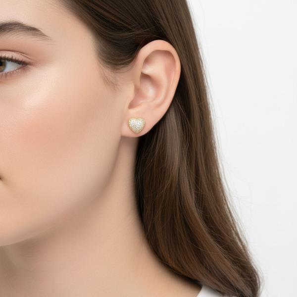 14K Gold White Gold Dipped Pave Heart Studs