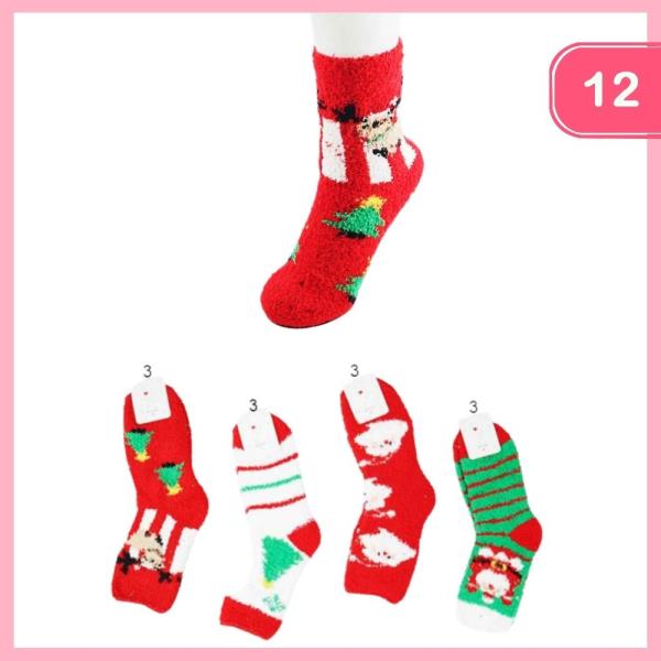 CHRISTMAS THEME FUZZY SOCKS (12 UNITS)