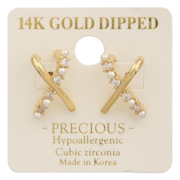 14K Gold Dipped CZ Pearl Metal Crossed Earring