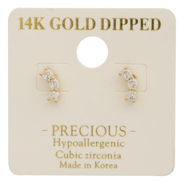 14K Gold Dipped CZ Curve Three Cut Earring