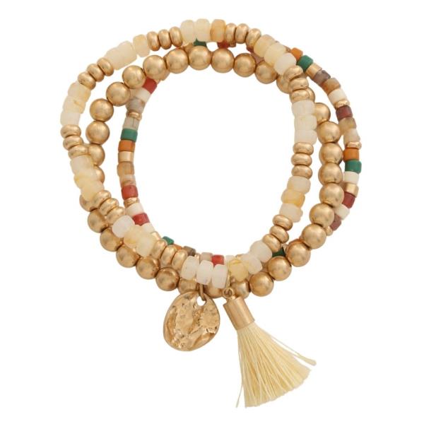 Beaded Tassel Metal Charm Stretch Bracelet Set