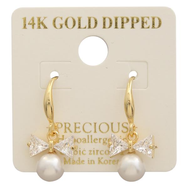 14K Gold Dipped CZ Bow Pearl Earring