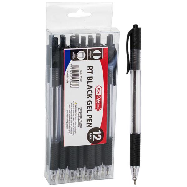 Pro Office Retractable Black Gel Pen 12 Pack