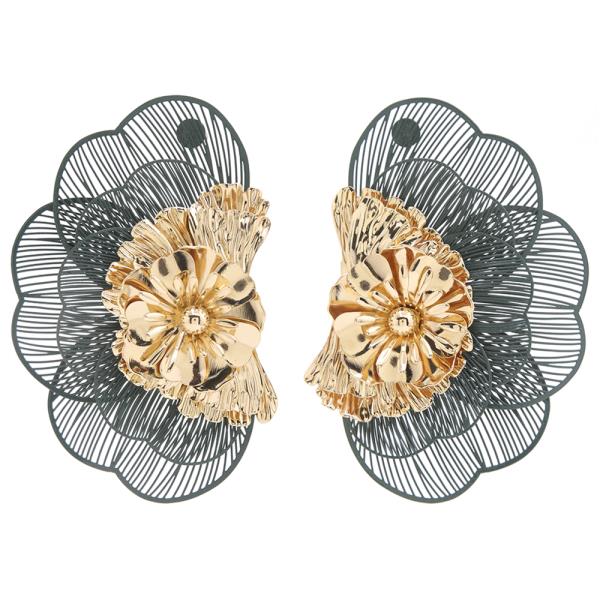 TWO TONE METAL RHINESTONE LAYERED FLOWER STATEMENT STUD EARRING