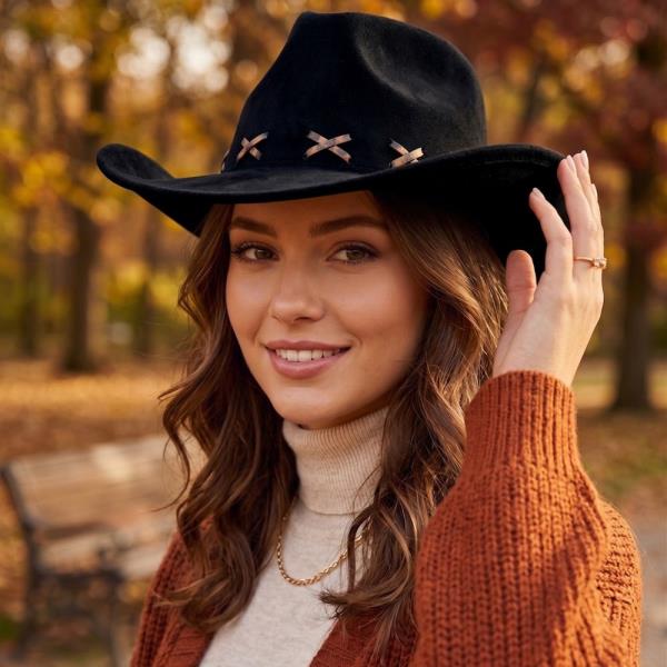 Faux Suede Cowboy Hat with Leopard Stitching