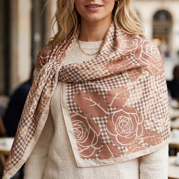VINTAGE ROSE & HOUNDSTOOTH SILK-FEEL SQUARE SCARF