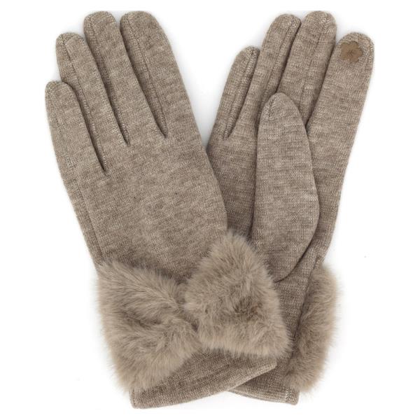 SOFT KNIT TOUCHSCREEN GLOVES WITH FAUX FUR BOW