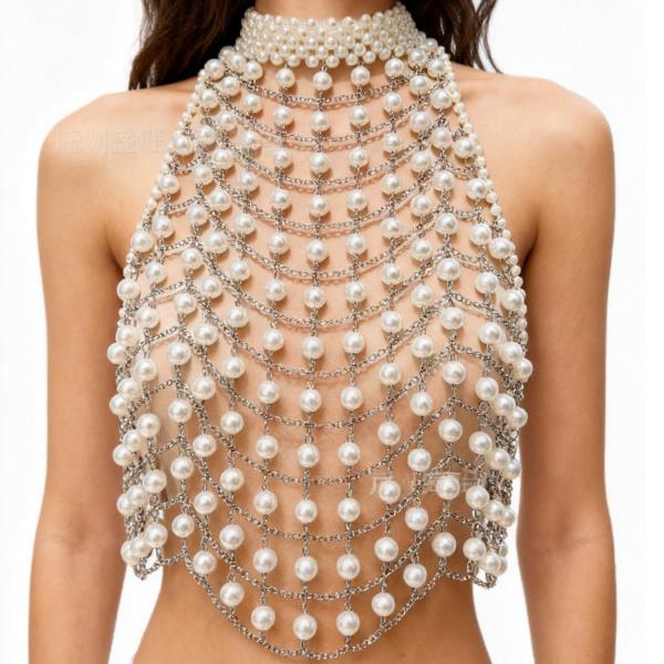 Pearl Draped Halter Body Chain Top