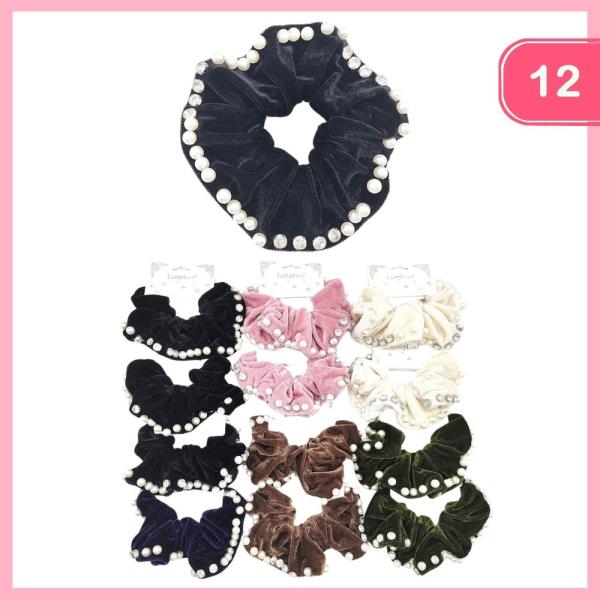 Velvet Pearl Rhinestone Hair Scrunchie (12 Units)