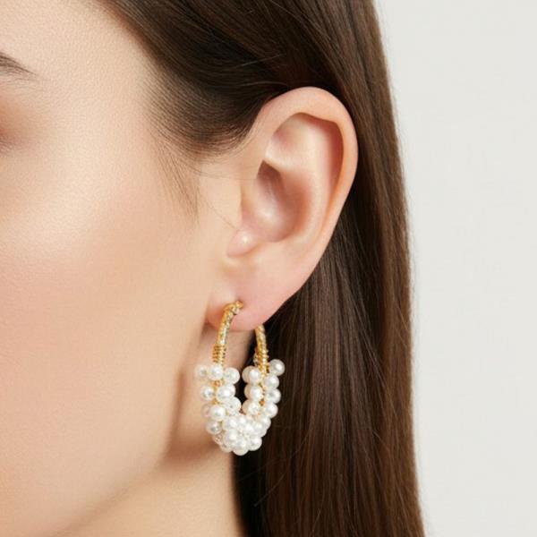 Gold Rhodium Plated Pearl Cluster Hoop Earrings