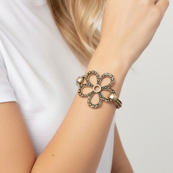 Flower Oxidized Cross Cuff Bangle Bracelet