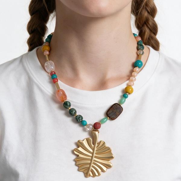 Beaded Leaf Pendant Necklace