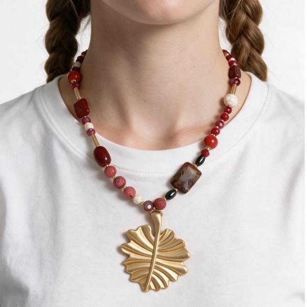 Beaded Leaf Pendant Necklace
