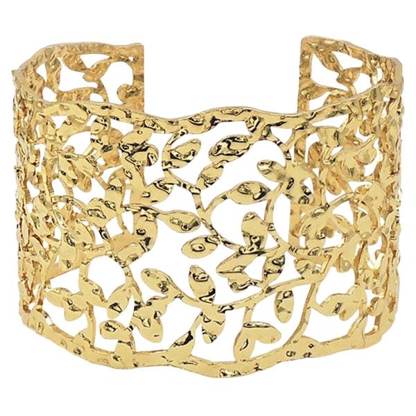 Stainless Steel Leaf Textured Wide Cuff Bracelet