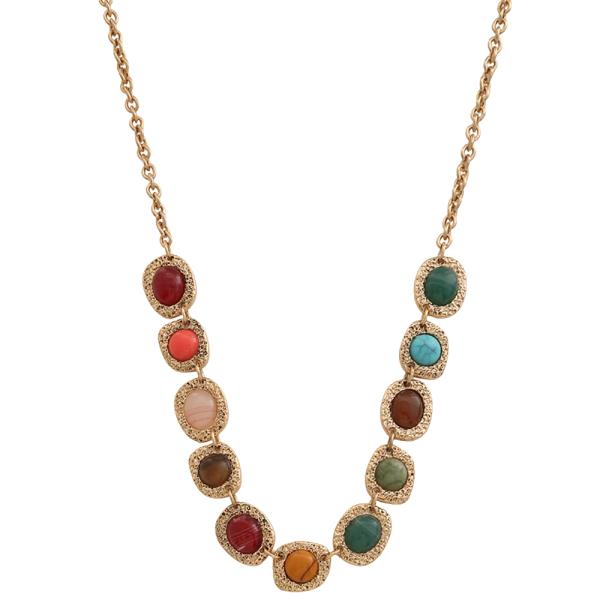 MULTI COLORED STONE CHAIN LINK NECKLACE