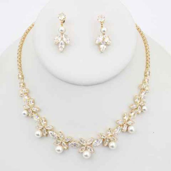 Pearl CZ Marquise Floral Earring Necklace Set