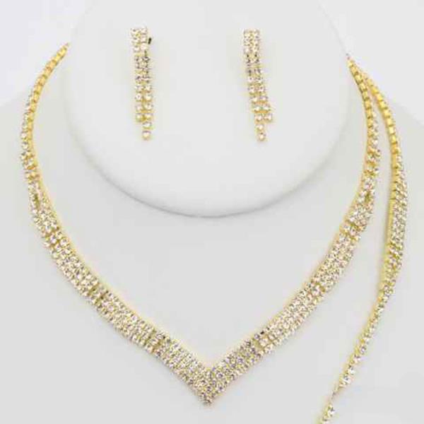 Rhinestone V 3 Piece Earring Necklace Bracelet Set
