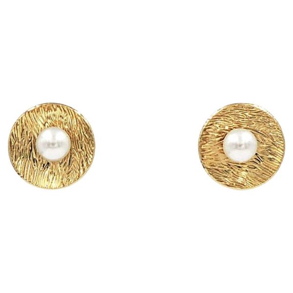 Stainless Steel Textured Disc Pearl Stud Earring