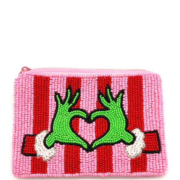 CHRISTMAS SEED BEAD GREEN MONSTER HEART HAND COIN PURSE BAG