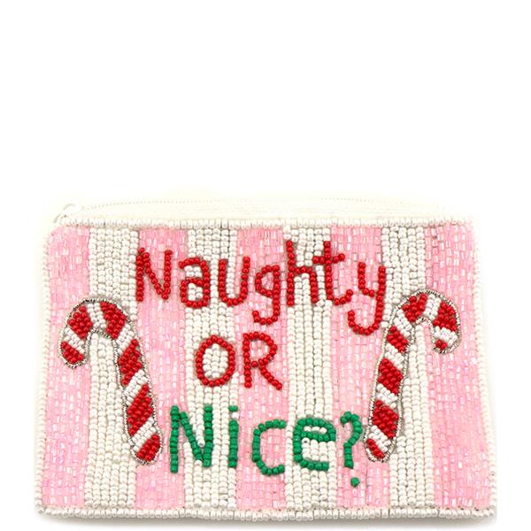 Seed Bead Naughty Or Nice Candy Cane Coin Purse