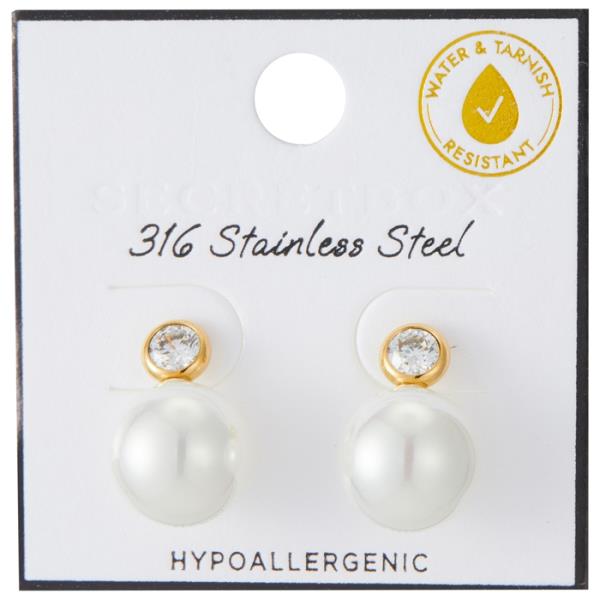 SECRET BOX Stainless Steel CZ Pearl Stud Earring