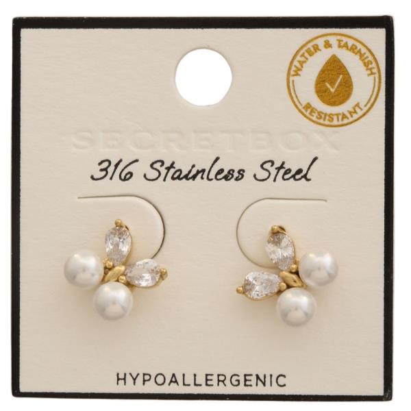 SECRET BOX Stainless Steel Pearl CZ Stud Earring