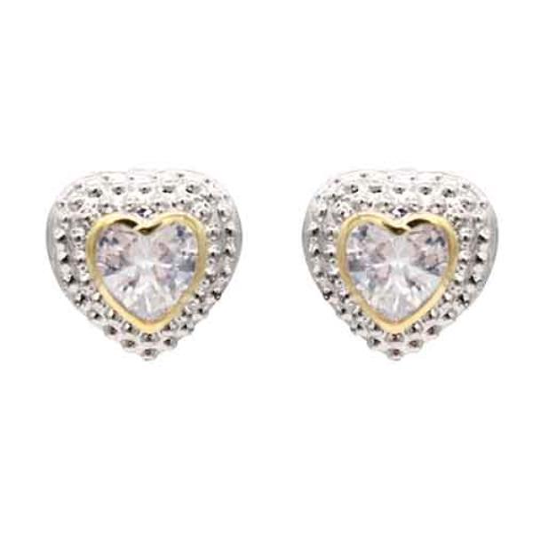 Two Tone CZ Heart Post Earring