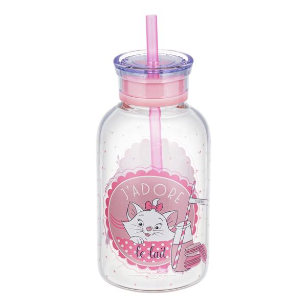 DISNEY THE ARISTOCATS MARIE J` adore Le Lait Glass MILK BOTTLE W/ STRAW, 15 OZ
