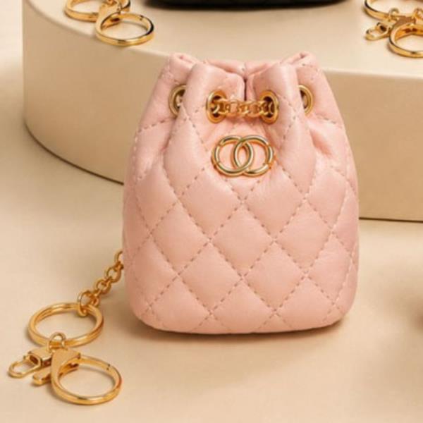 FAUX LEATHER QUILTED DRAWSTRING BUCKET BAG CHARM KEYCHAIN