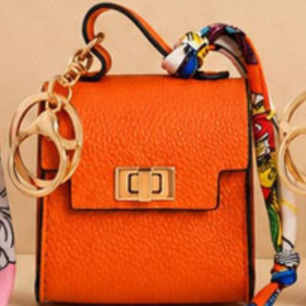FAUX LEATHER SCARF STRAP TURN LOCK TOP HANDLE BAG CHARM KEYCHAIN