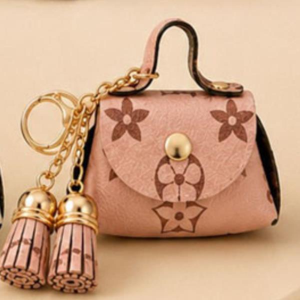 FAUX LEATHER MONOGRAM TASSEL TOP HANDLE BAG CHARM KEYCHAIN