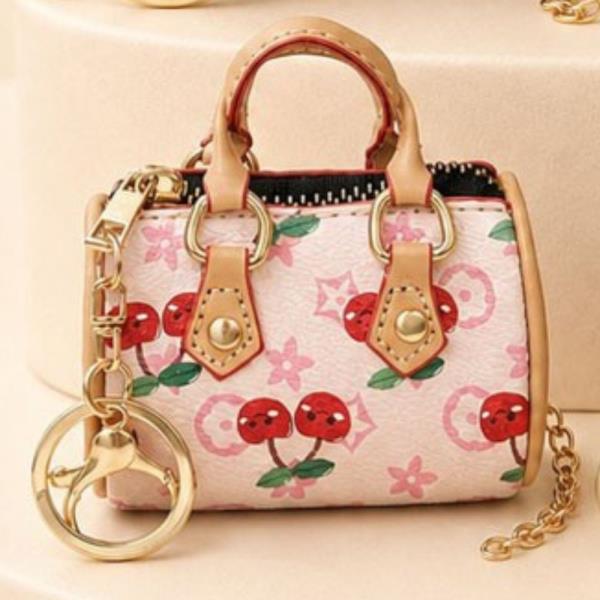 FAUX LEATHER FLORAL MONOGRAM SATCHEL BAG CHARM KEYCHAIN